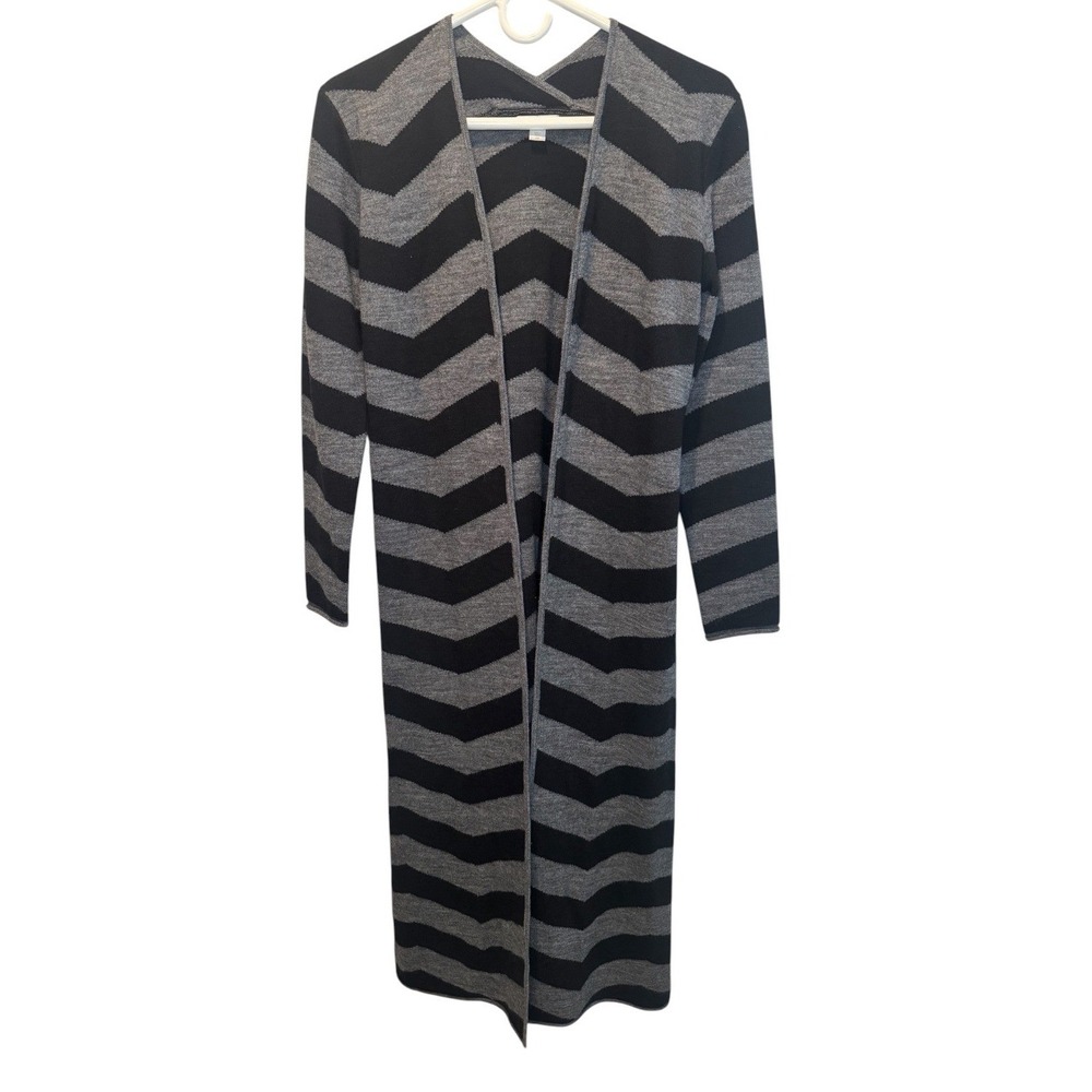 Garnet Hill Women Black Grey Chevron Long Duster Cardigan Wool Alpaca Blend XS